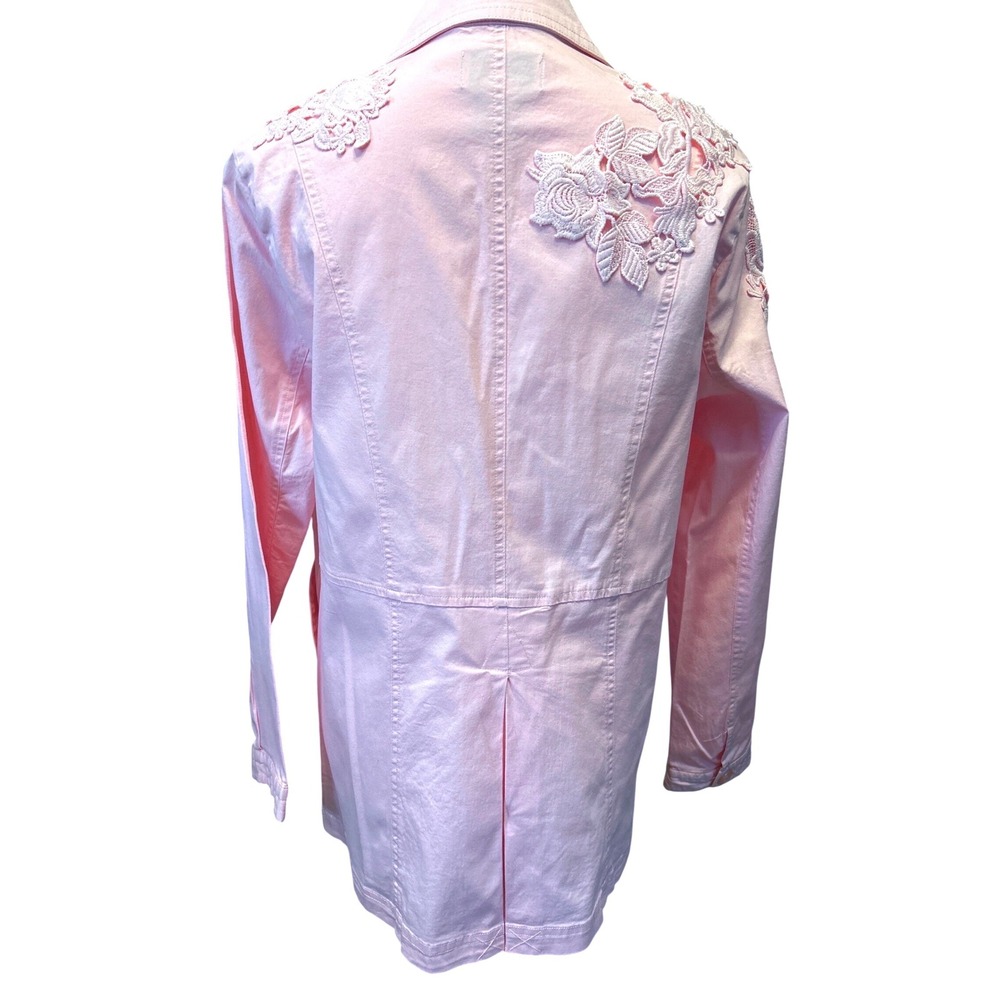 Peck & Peck Pink Denim Jacket Sz M Floral Lace Embroidered Stretch Cotton - Picture 2 of 12